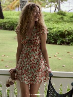 Doen Green Floral Mini Dress with Red Blossom Print